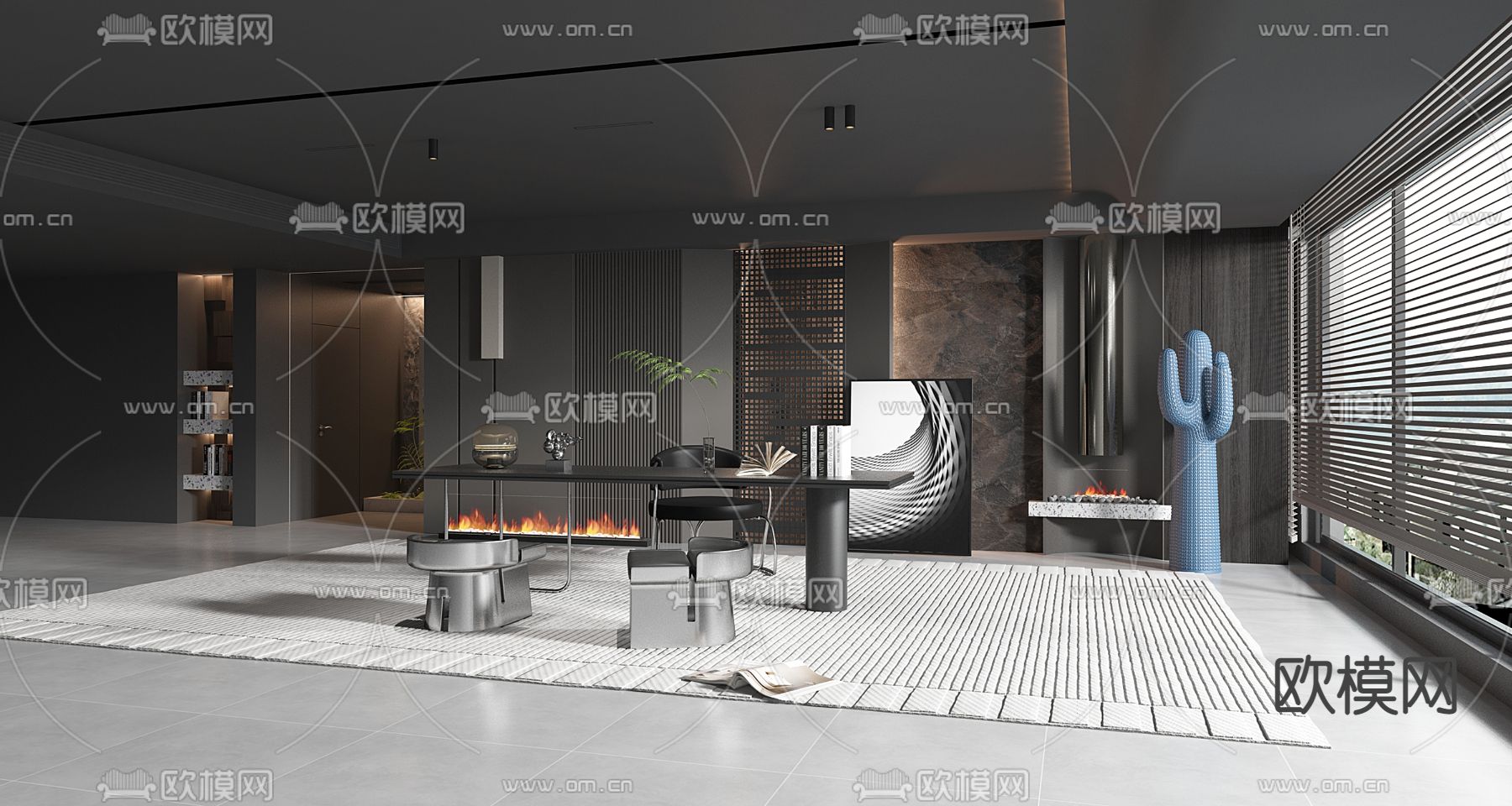 暗黑风书房3d模型下载（渲染图2）