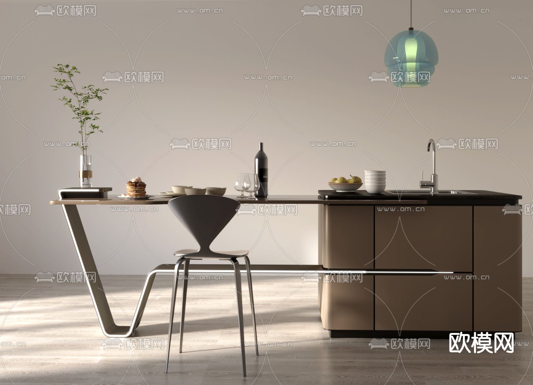 现代水吧台su模型下载（渲染图1）