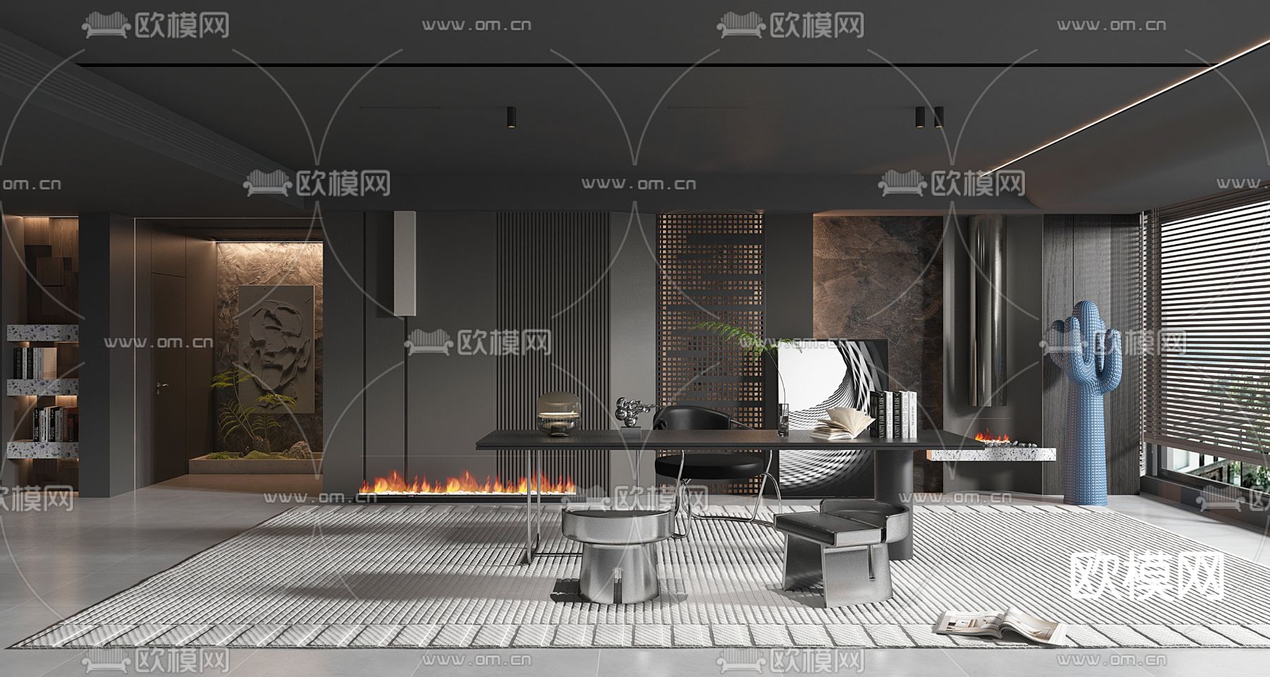 暗黑风书房3d模型下载（渲染图1）