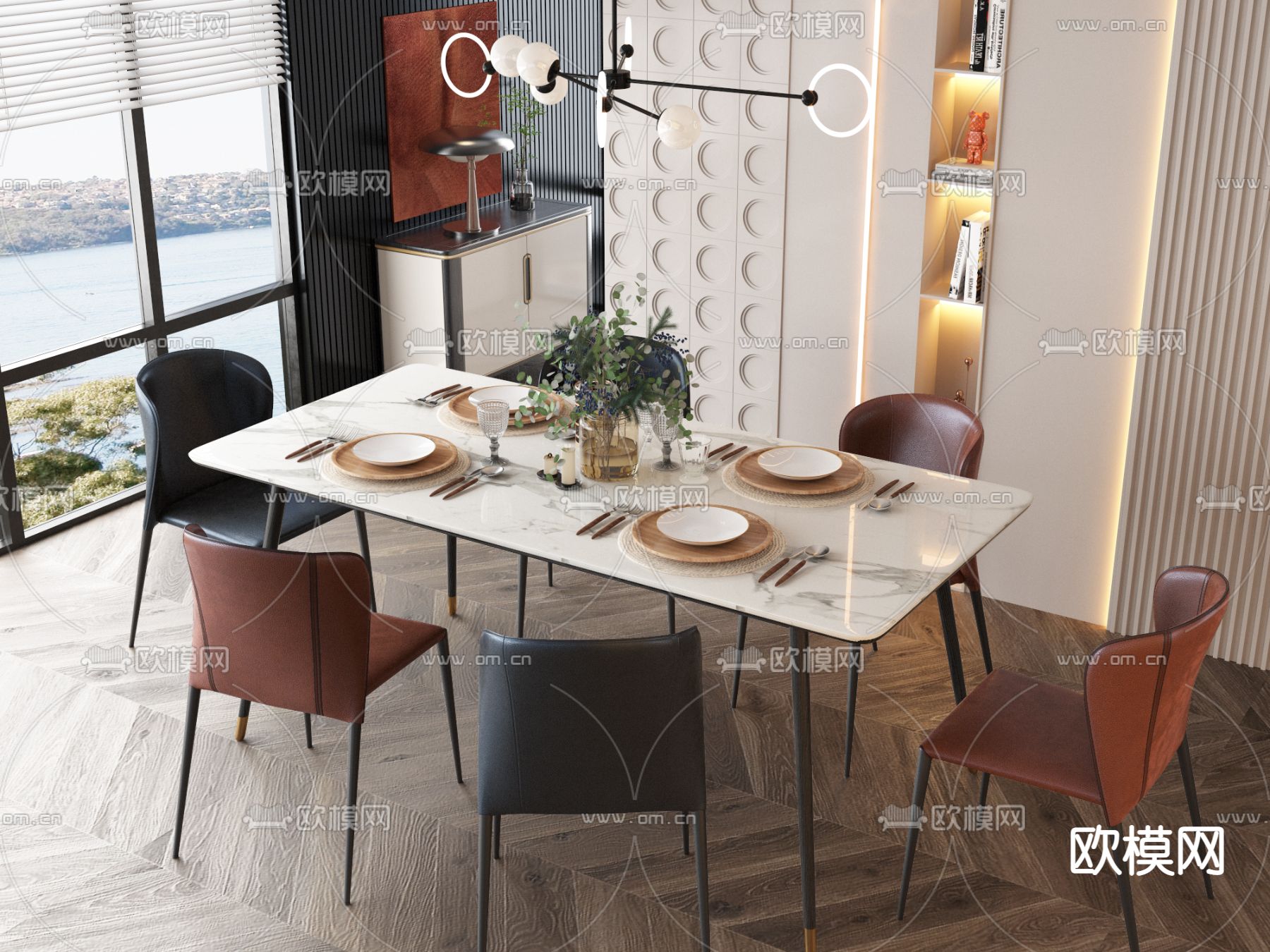 条形餐桌椅3d模型下载