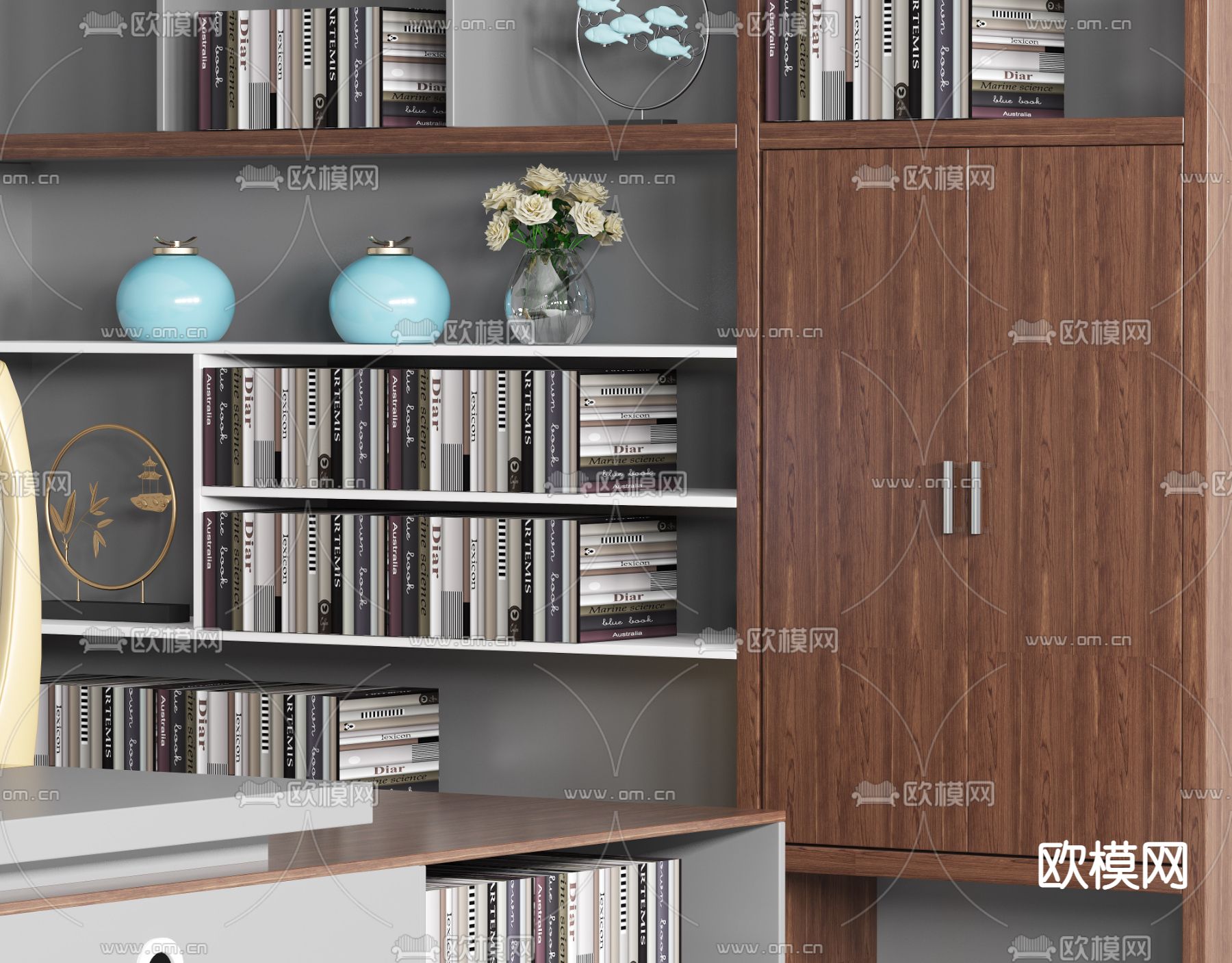 中式班台桌椅 书柜3d模型下载（渲染图4）