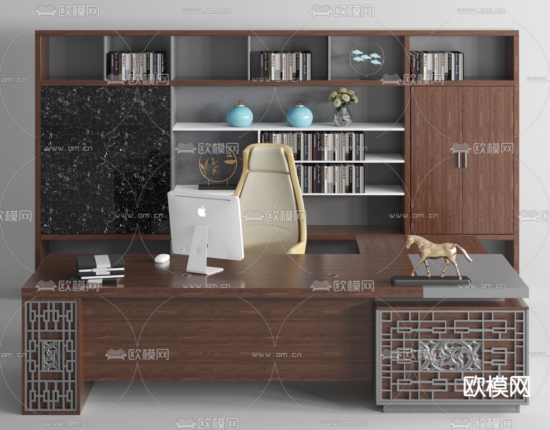 中式班台桌椅 书柜3d模型下载（渲染图1）
