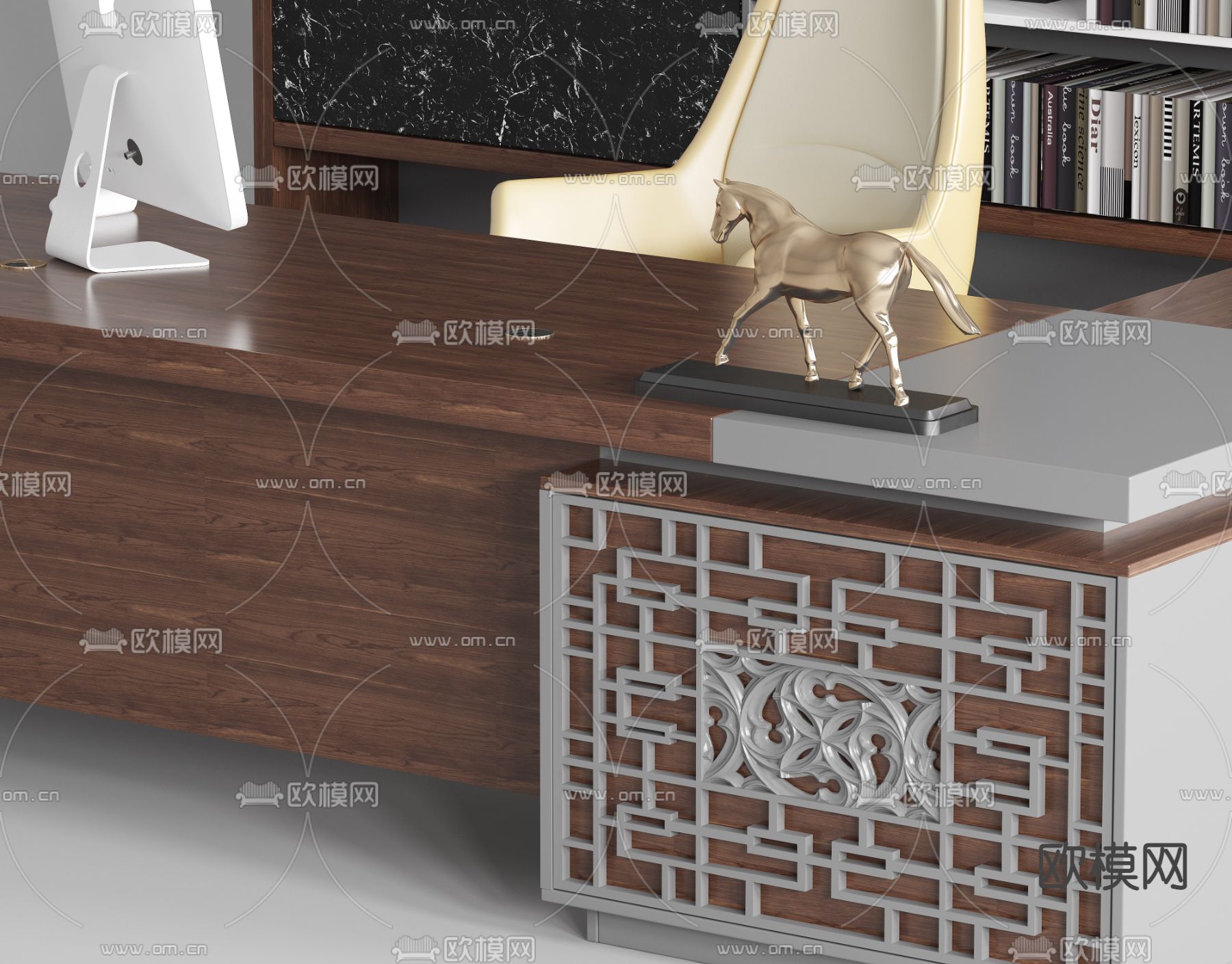 中式班台桌椅 书柜3d模型下载（渲染图3）