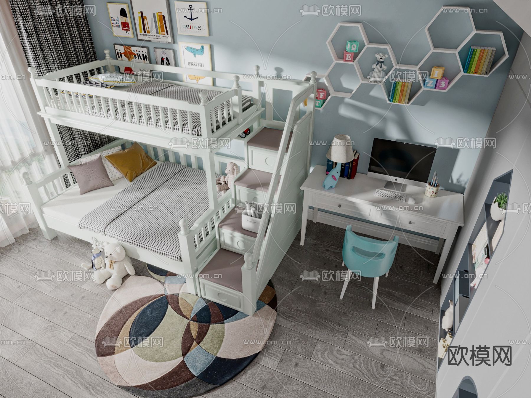 北欧儿童床 书桌椅3d模型下载