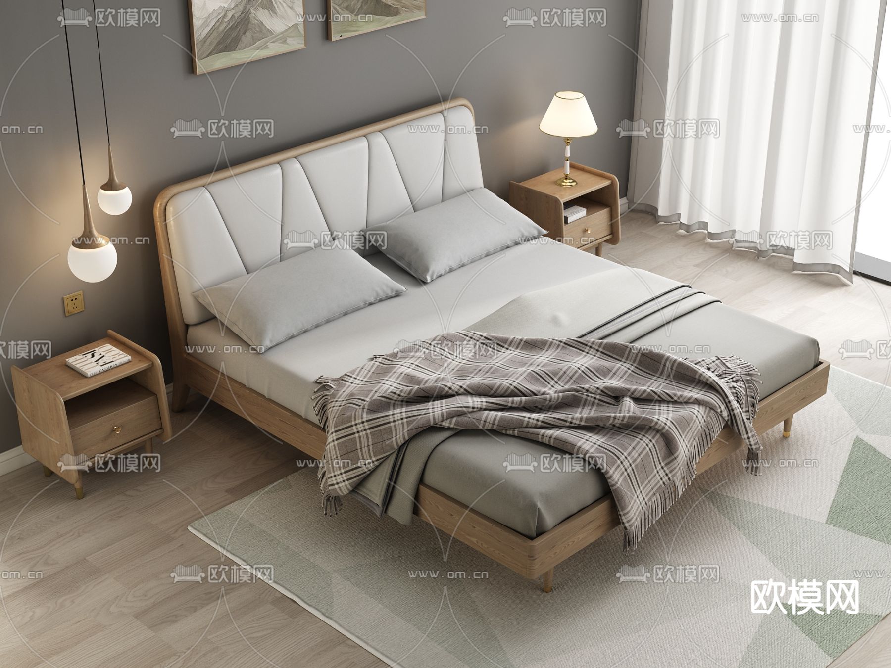 简欧双人床3d模型下载（渲染图1）