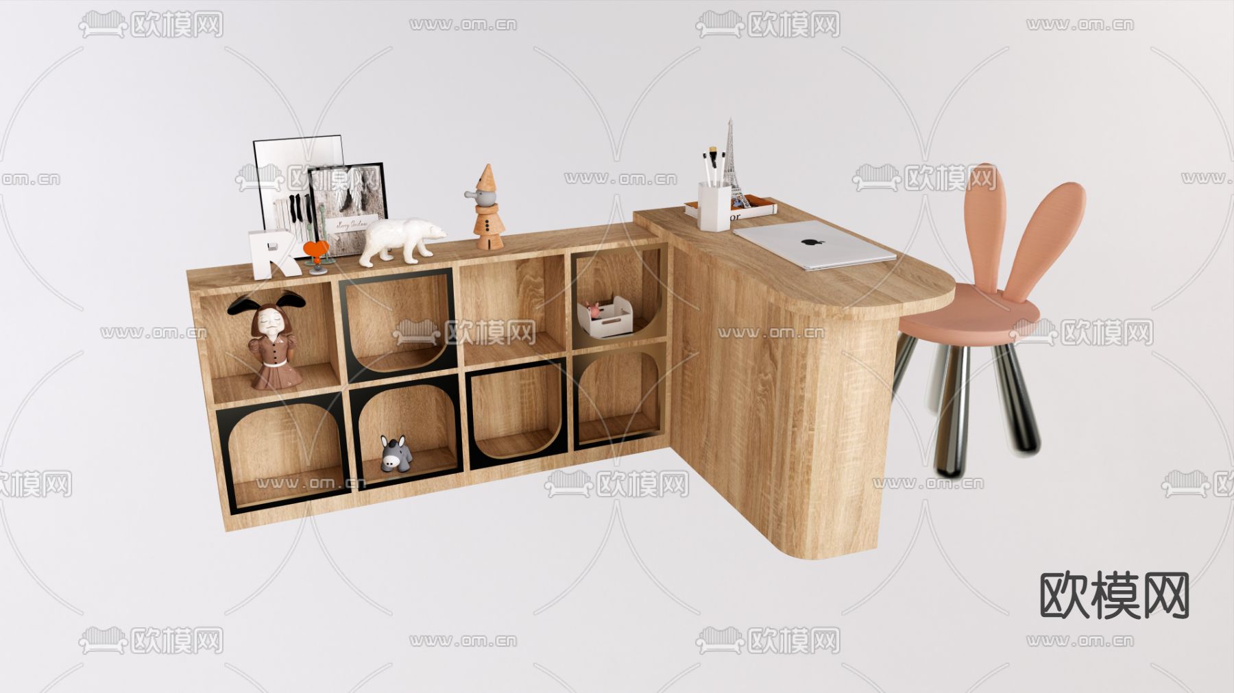现代实木儿童书桌椅su模型下载（渲染图1）