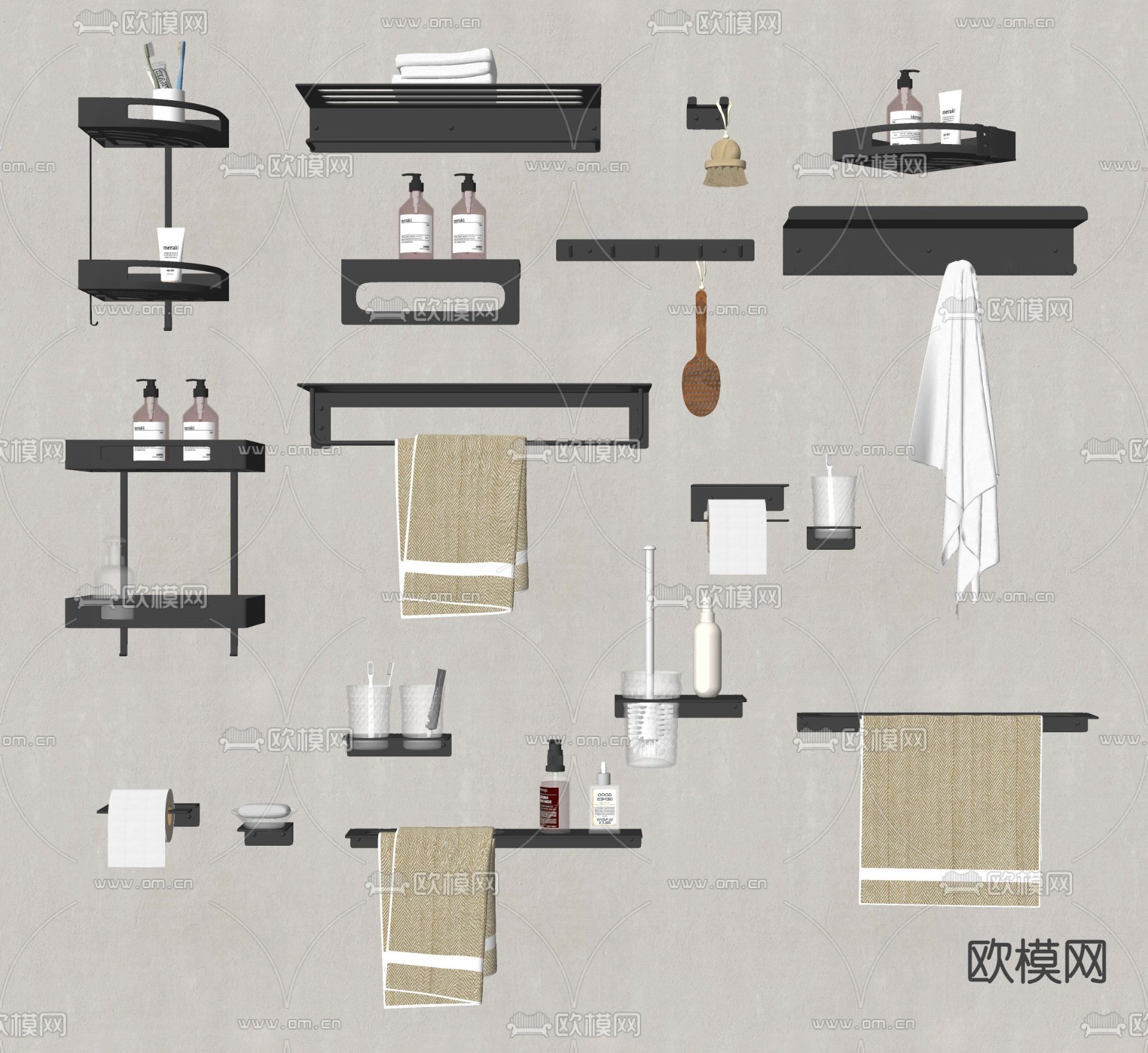 现代毛巾架 洗浴用品 卫浴小件su模型下载（渲染图2）