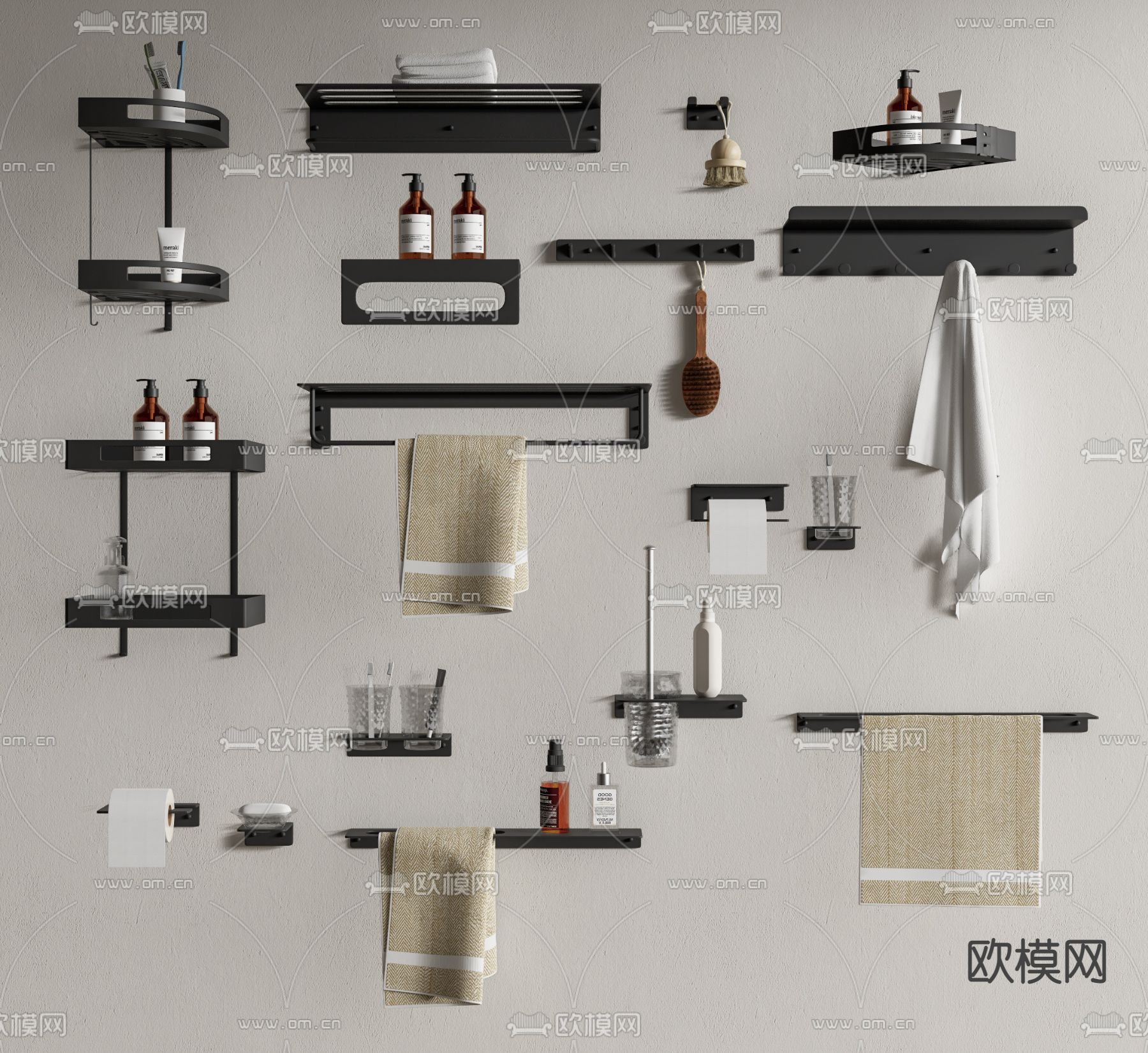 现代毛巾架 洗浴用品 卫浴小件su模型下载（渲染图1）