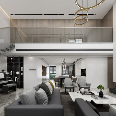  现代挑空别墅客餐厅su模型 