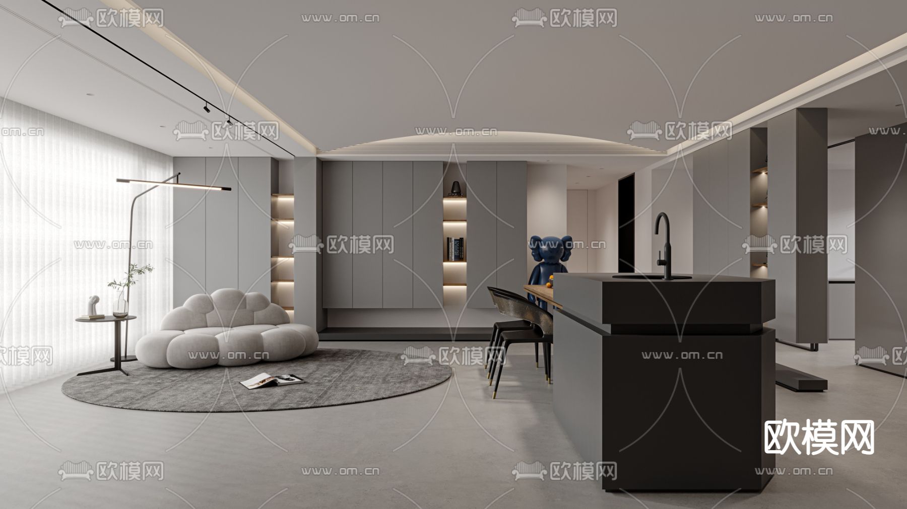 高级灰客餐厅 过道3d模型下载（渲染图1）