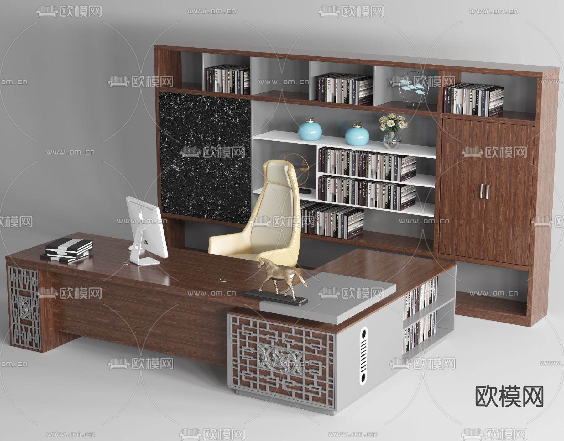 中式班台桌椅 书柜3d模型下载（渲染图2）