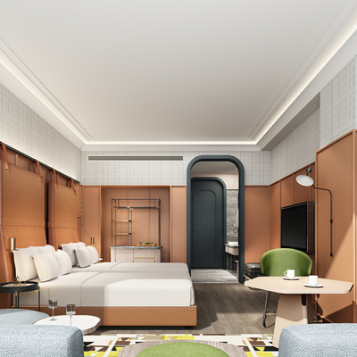  现代酒店 双床房 客房su模型 