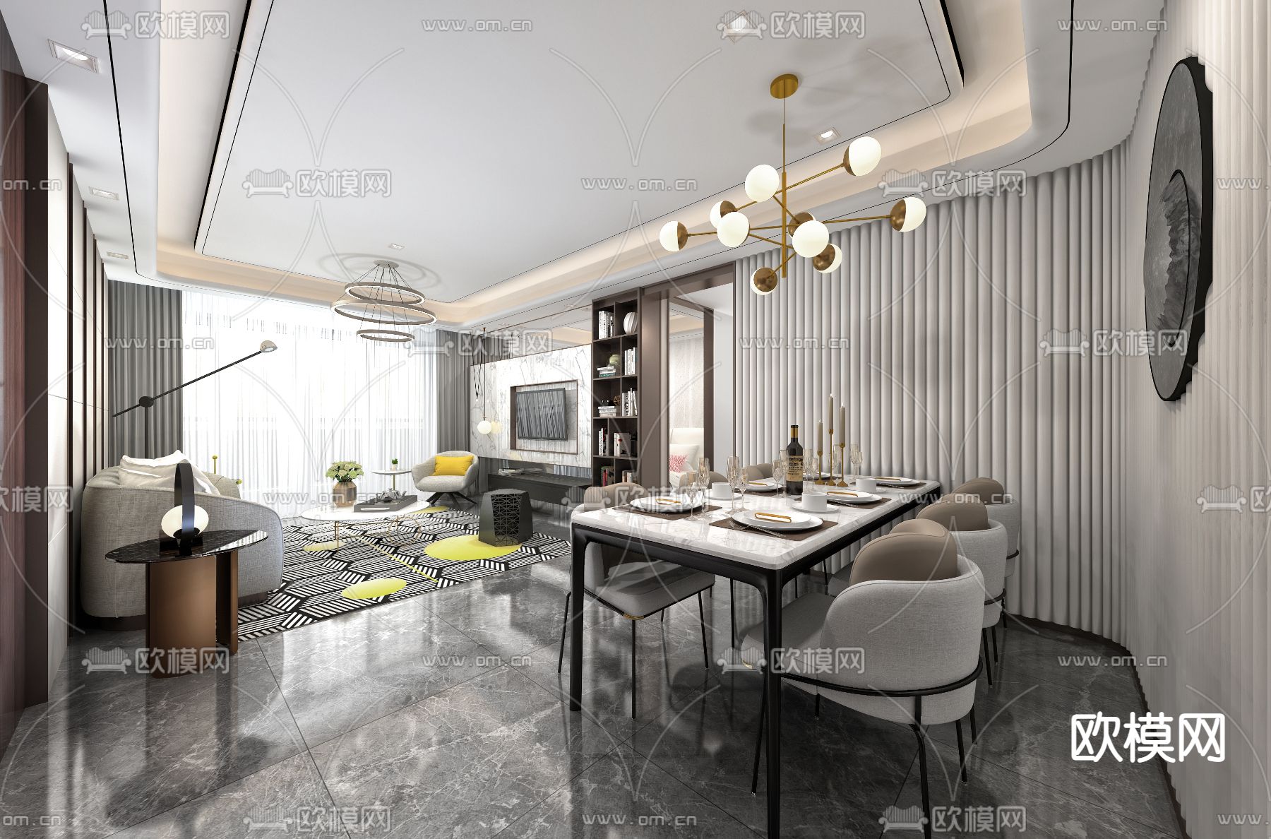 方直·星澜样板房现代客厅su模型下载