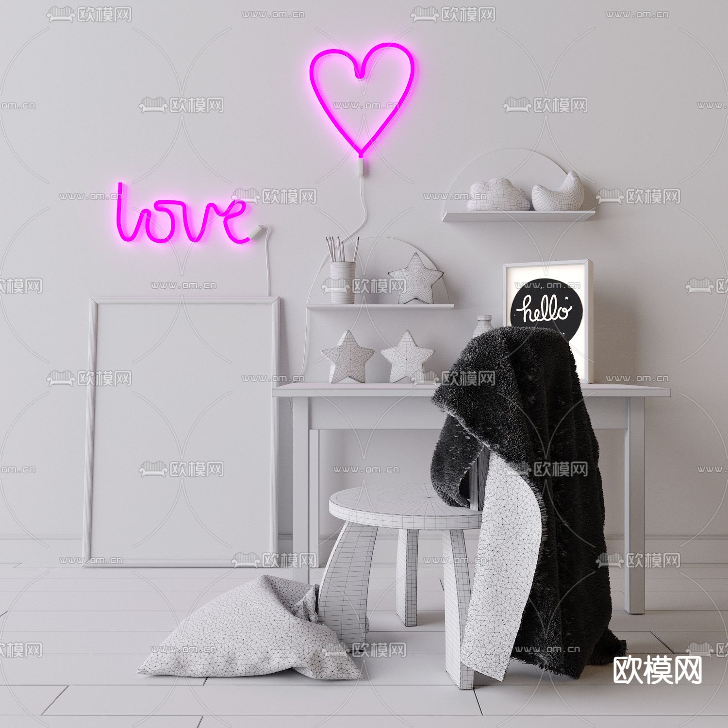 儿童桌椅 学习桌3d模型下载（渲染图3）