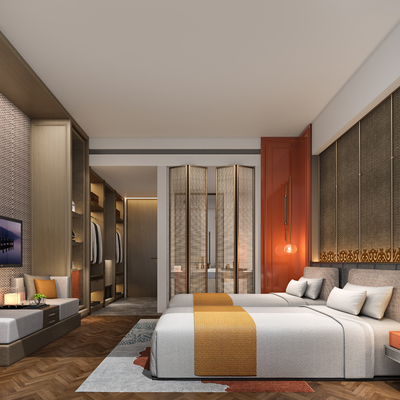  新中式酒店 双床 客房su模型 