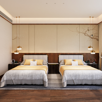  新中式酒店双人客房su模型 