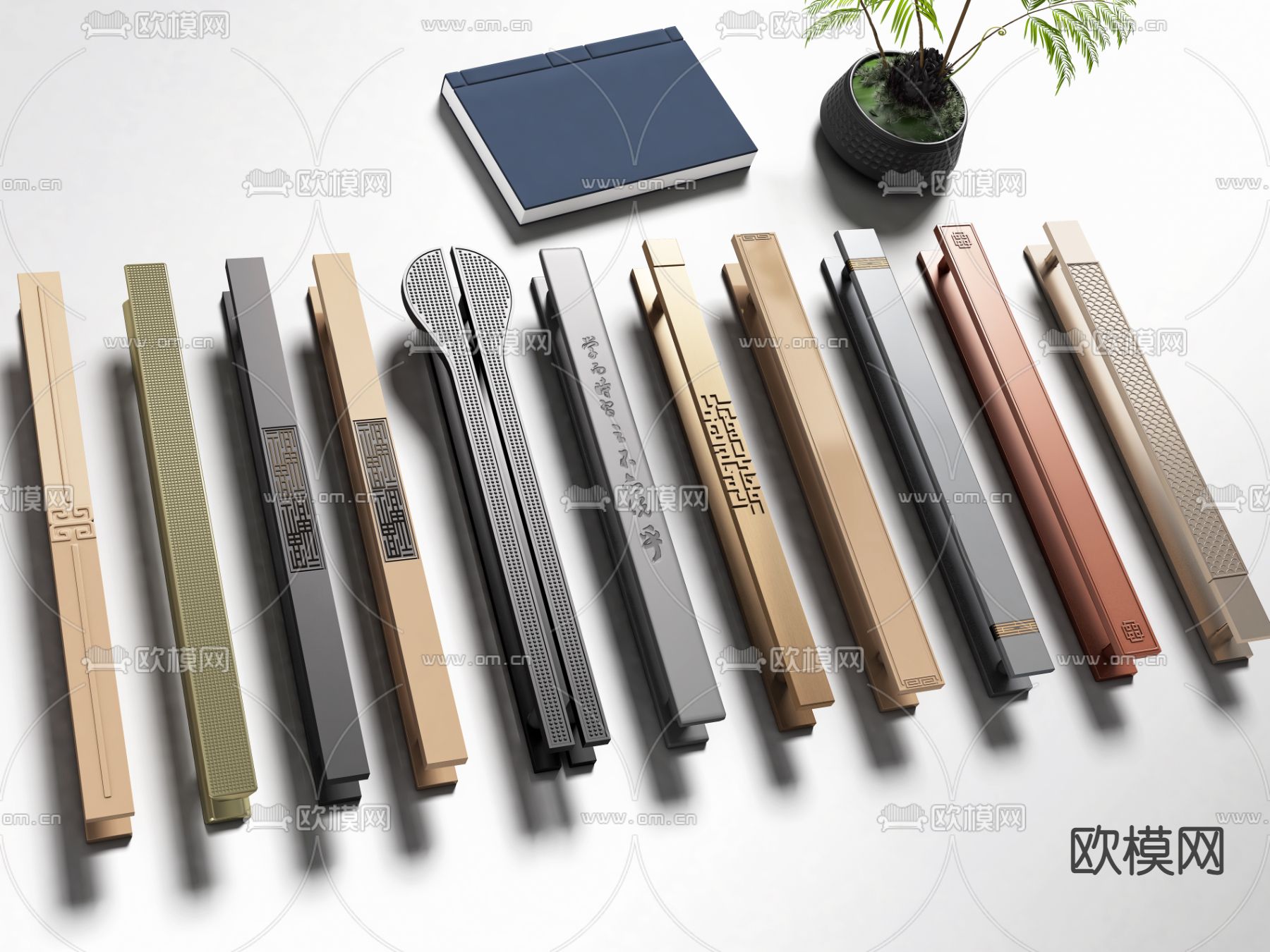 中式金属拉手 门把手3d模型下载