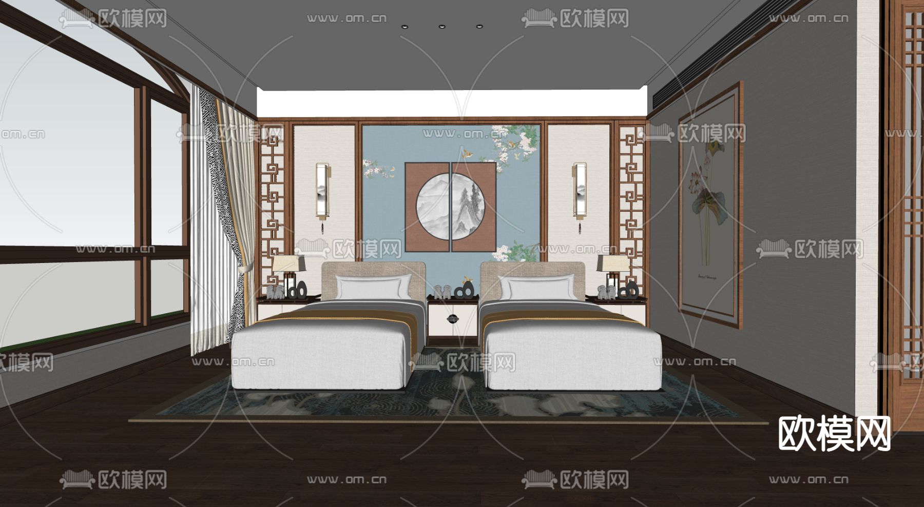 新中式酒店双人客房su模型下载（渲染图2）