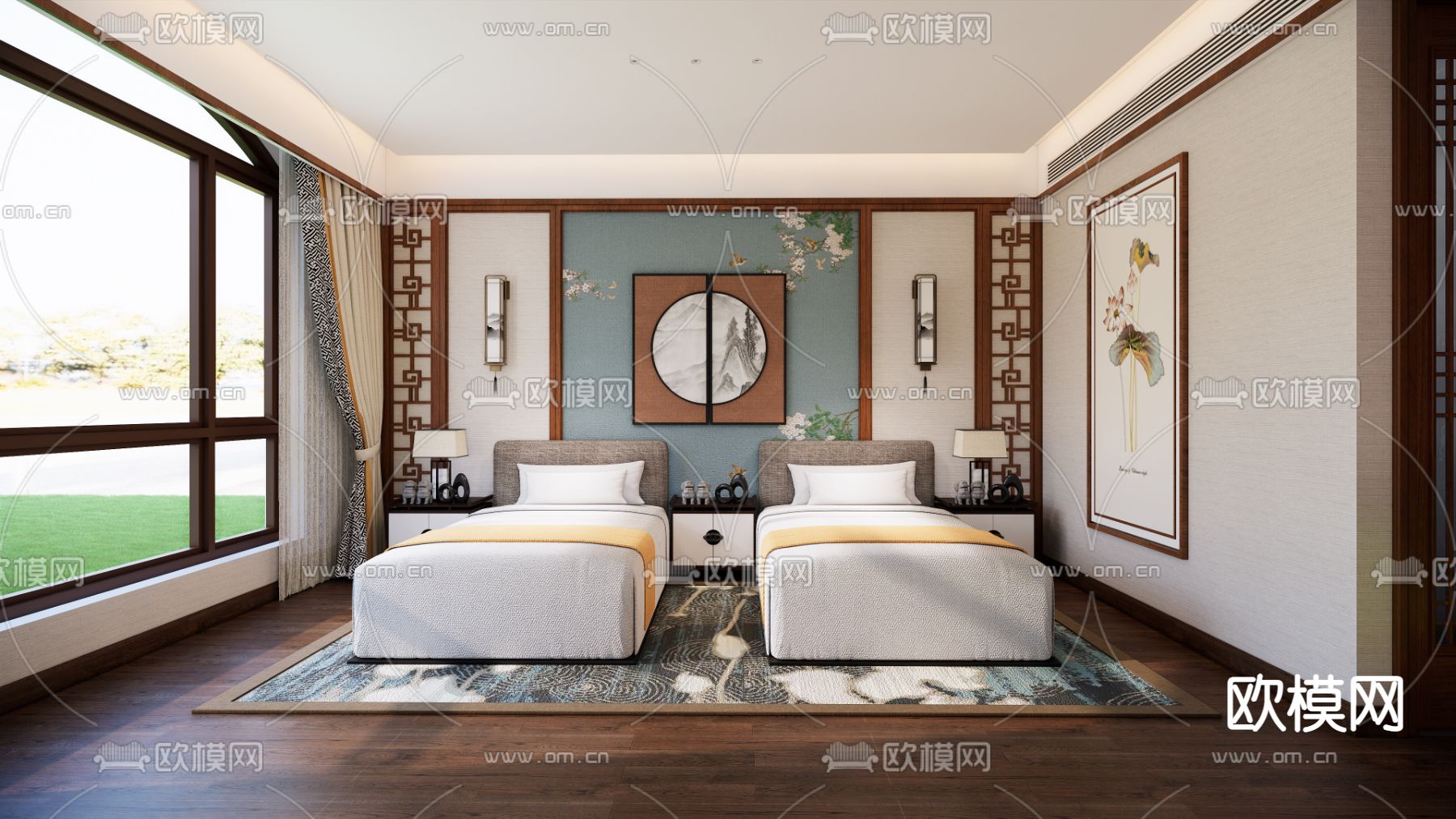 新中式酒店双人客房su模型下载（渲染图1）