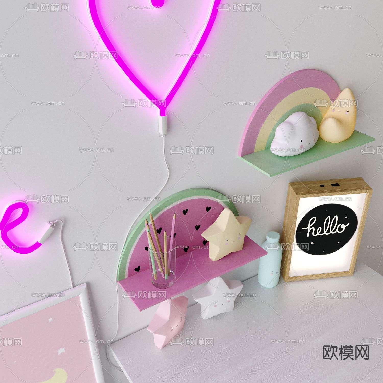 儿童桌椅 学习桌3d模型下载（渲染图2）