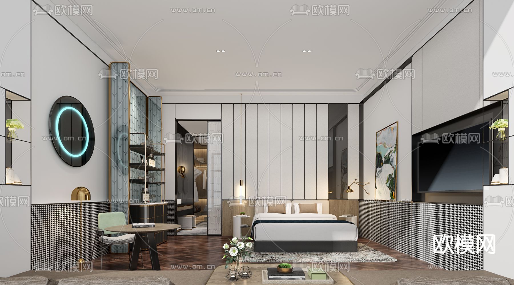 现代酒店客房su模型下载（渲染图1）
