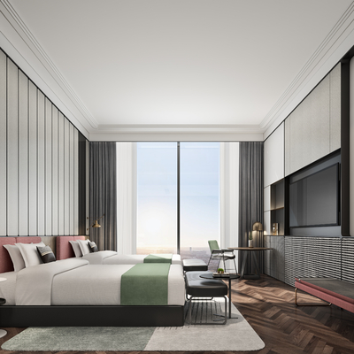  现代酒店双床客房su模型 