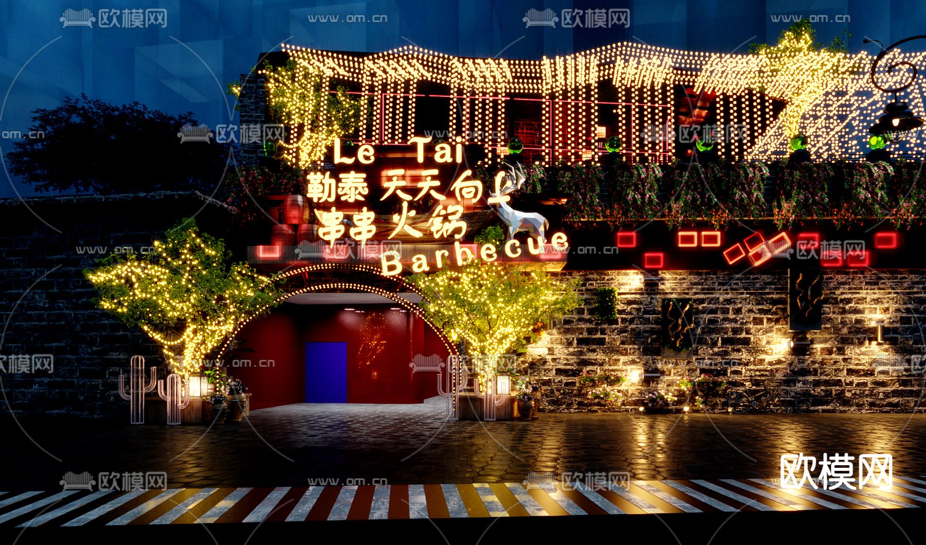 新中式火锅店门头夜景su模型下载_ID12297732_sketchup模型下载-欧模网