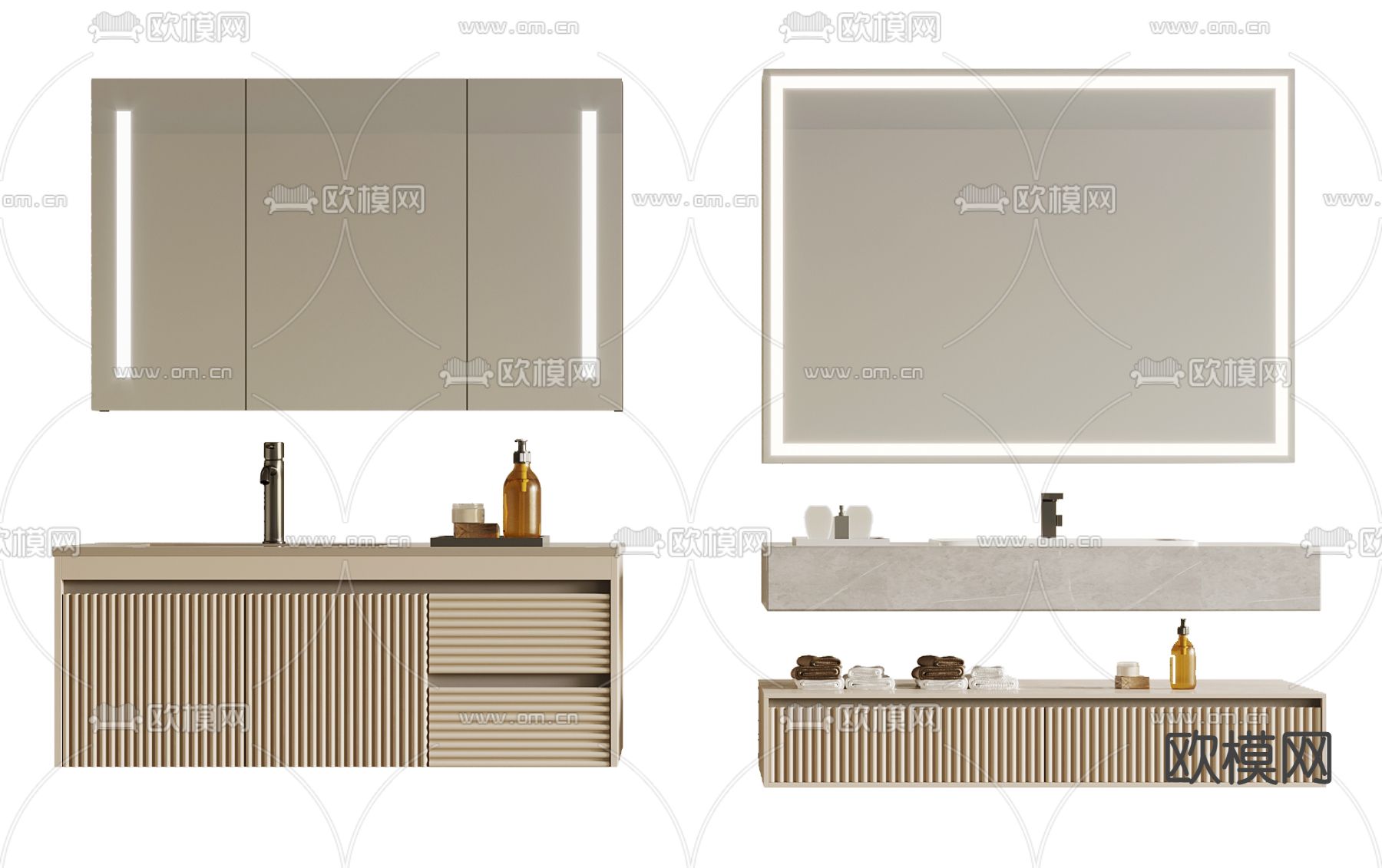 奶油风浴室柜 洗手台su模型下载（渲染图1）
