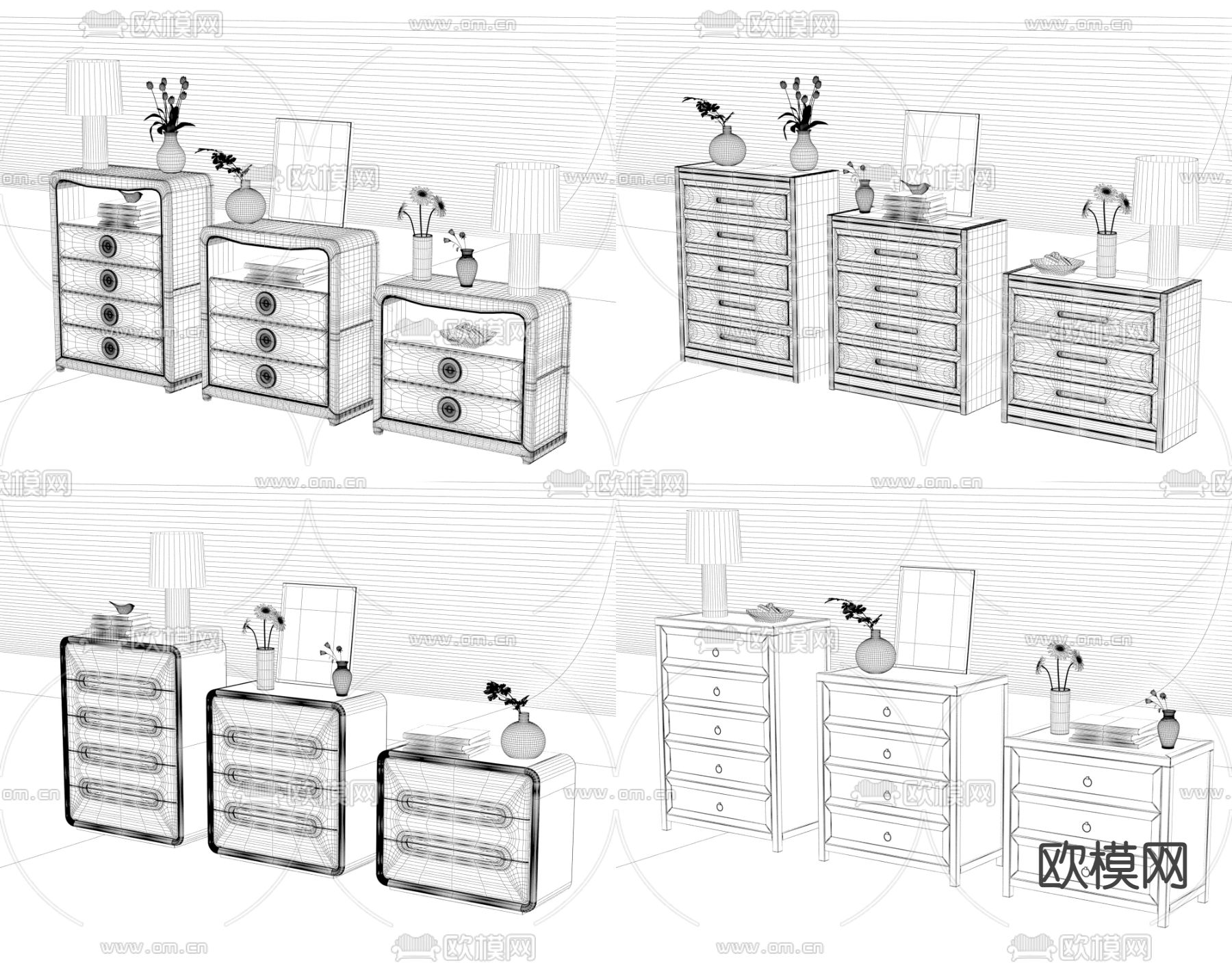 新中式五斗柜 储物柜 边柜3d模型下载（渲染图2）
