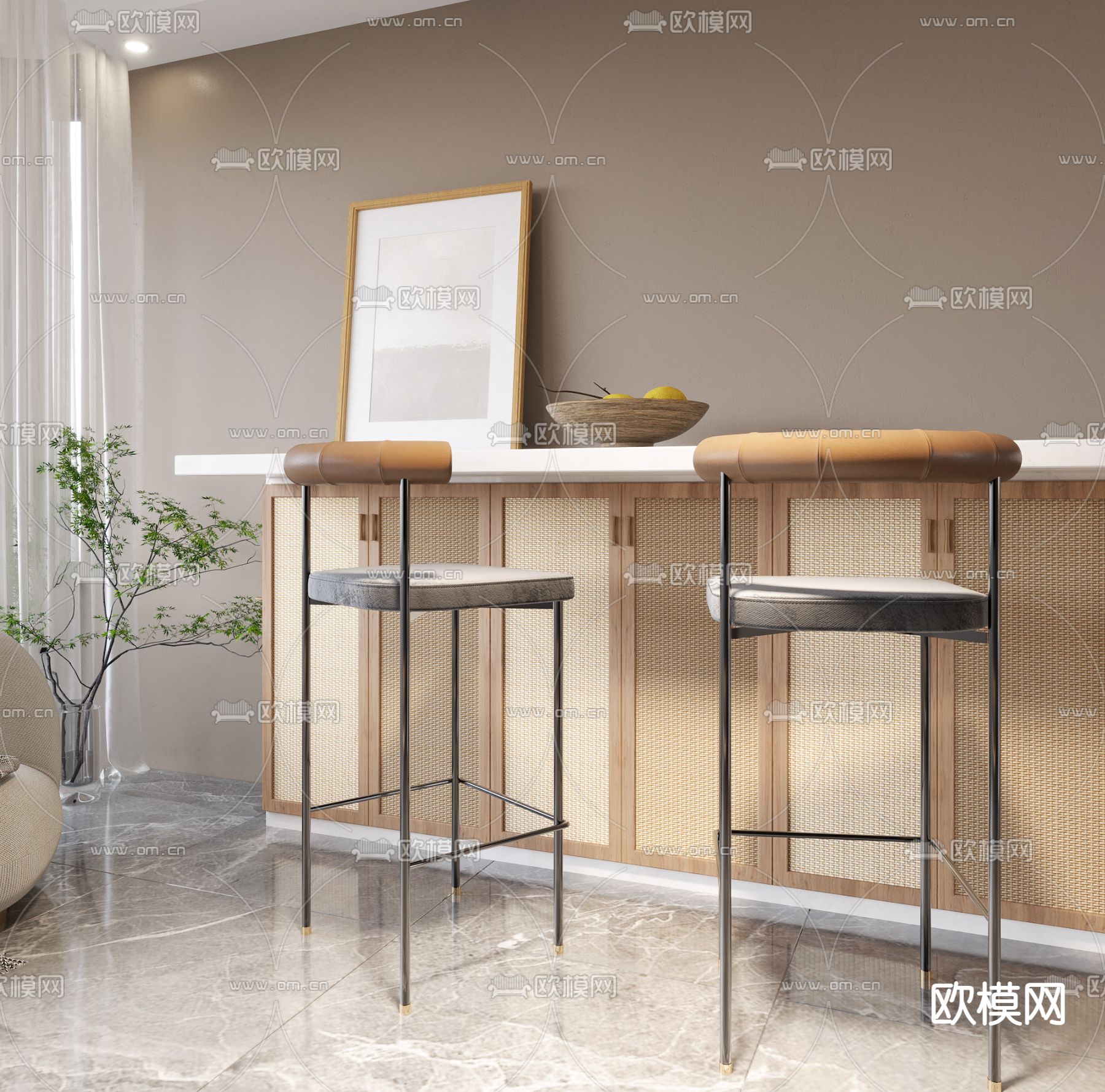 侘寂风靠背吧椅免费3d模型下载