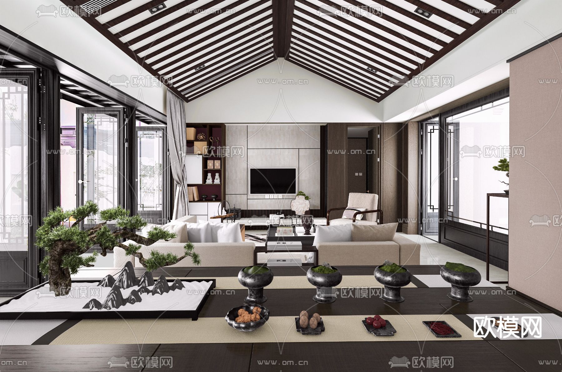 INHOUSE设计-新中式客厅su模型下载_ID12298149_sketchup模型下载-欧模网