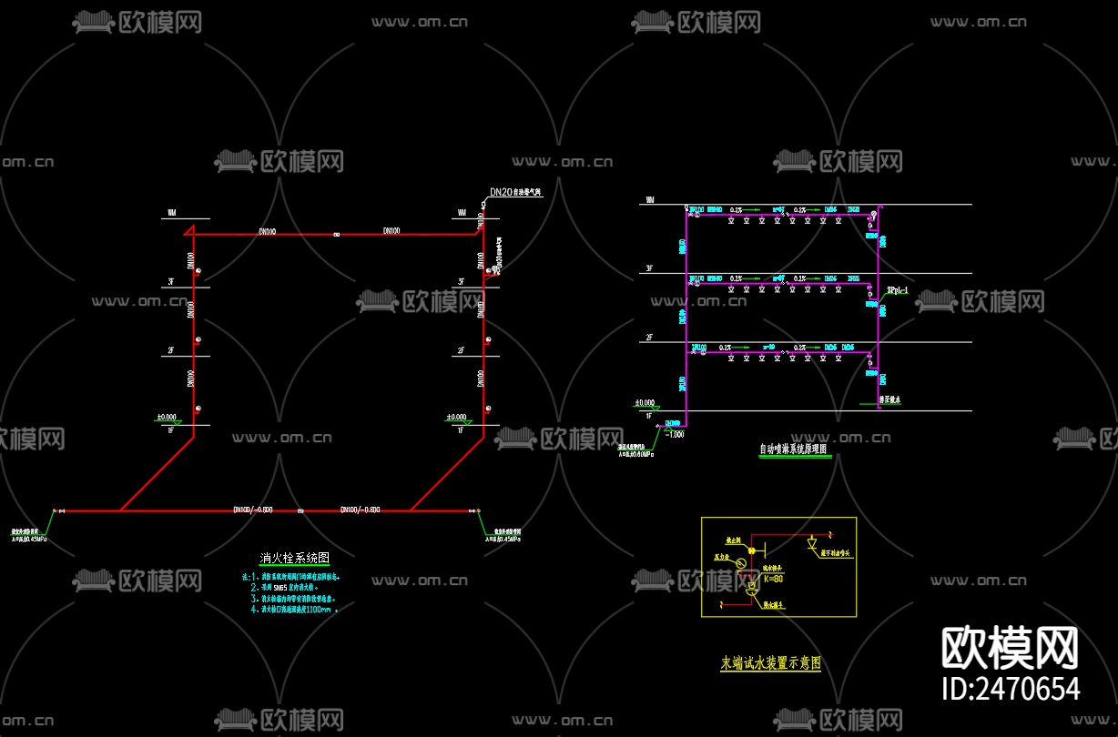 龙集敬老院1号楼水灭火系统CAD施工图下载（渲染图4）