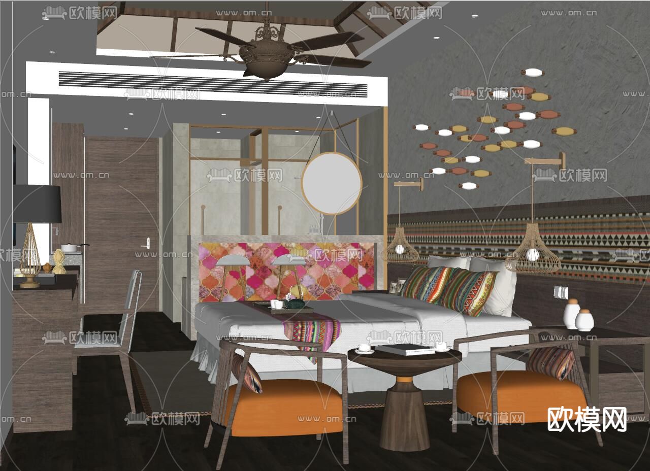 东南亚酒店客房su模型下载（渲染图2）