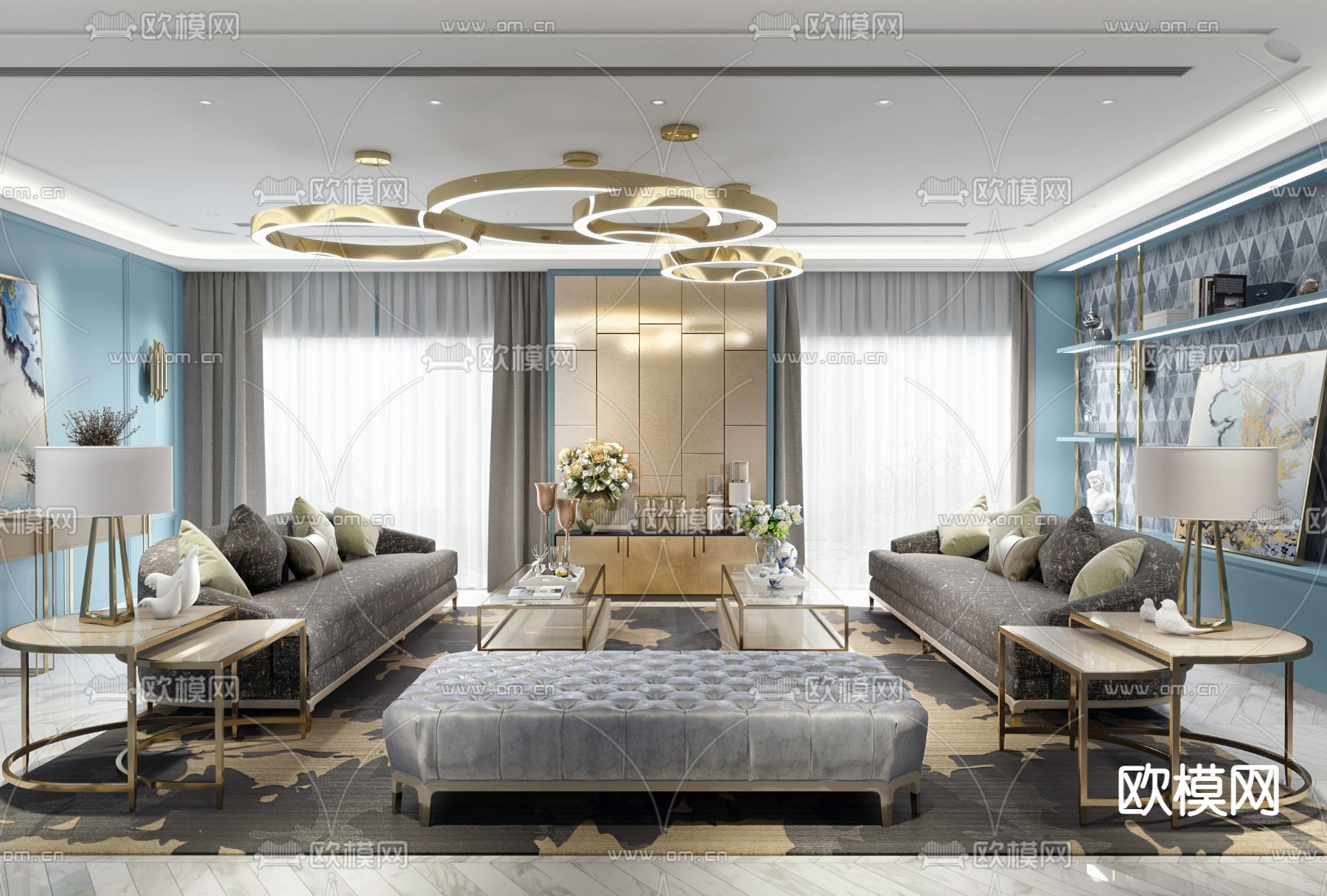 方黄设计后现代客厅SU模型下载