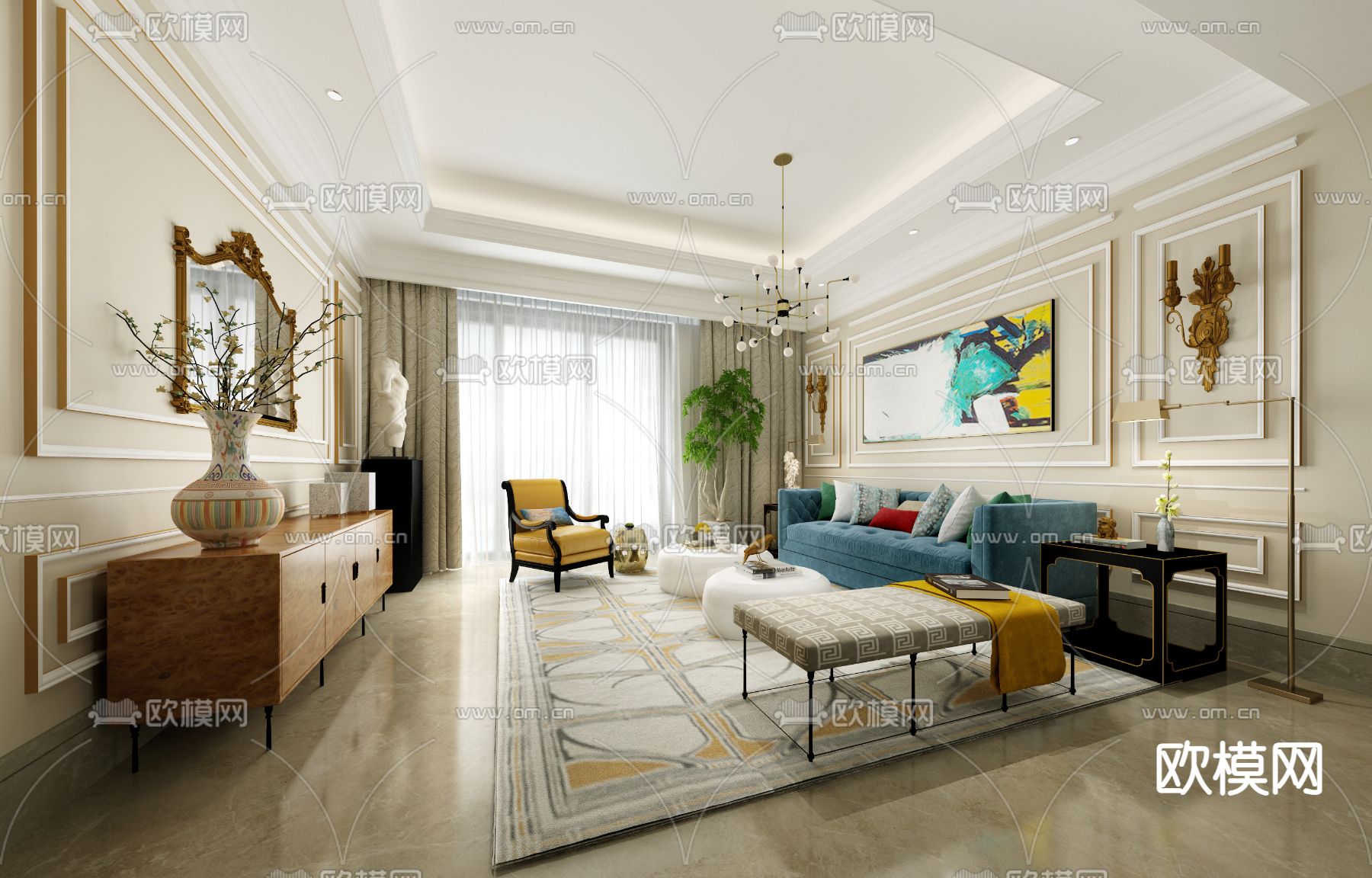 逸尚东方美式简约客厅SU模型下载