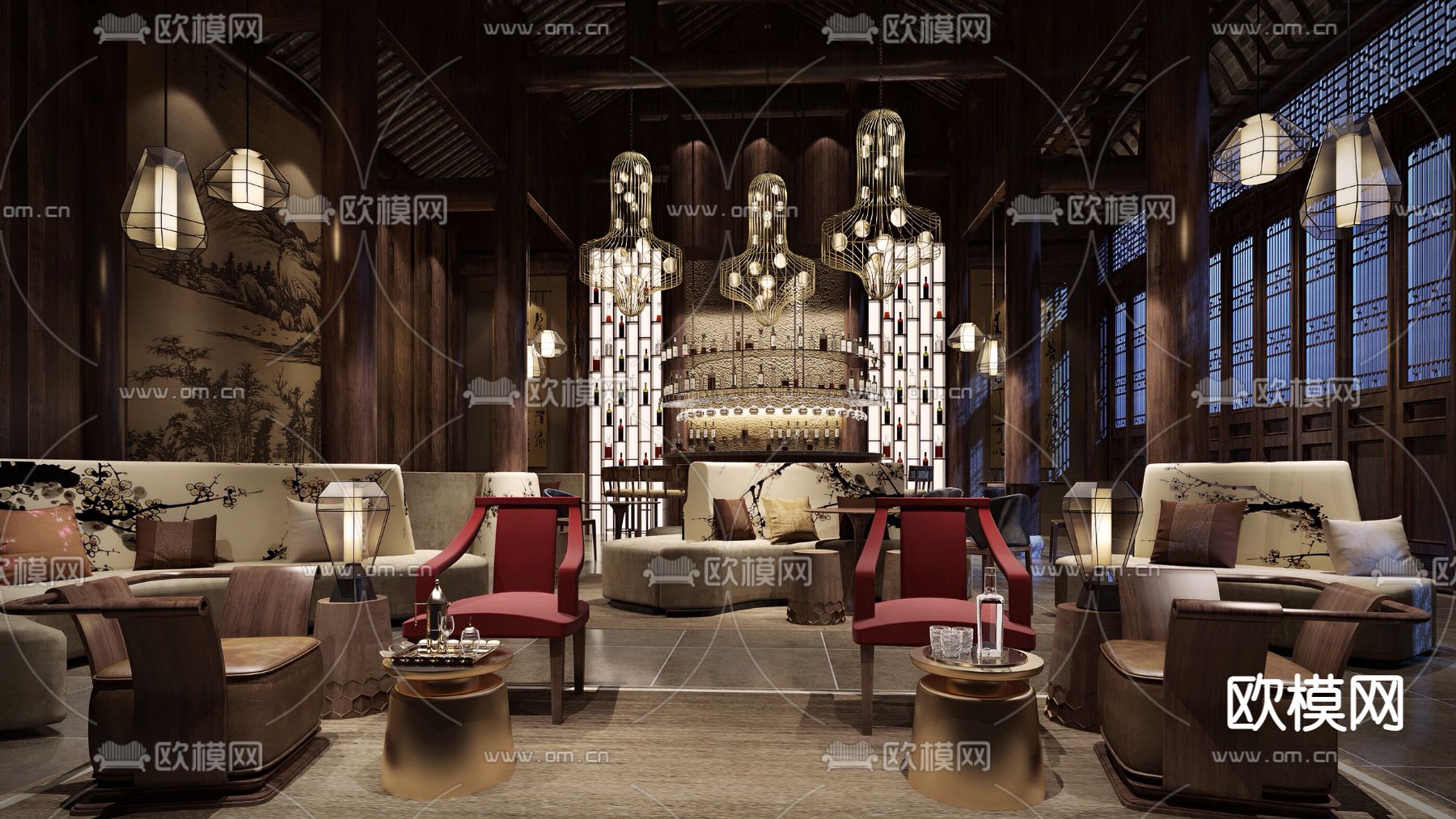 HWCD设计新中式酒店大堂吧SU模型下载_ID13057051_sketchup模型下载-欧模网