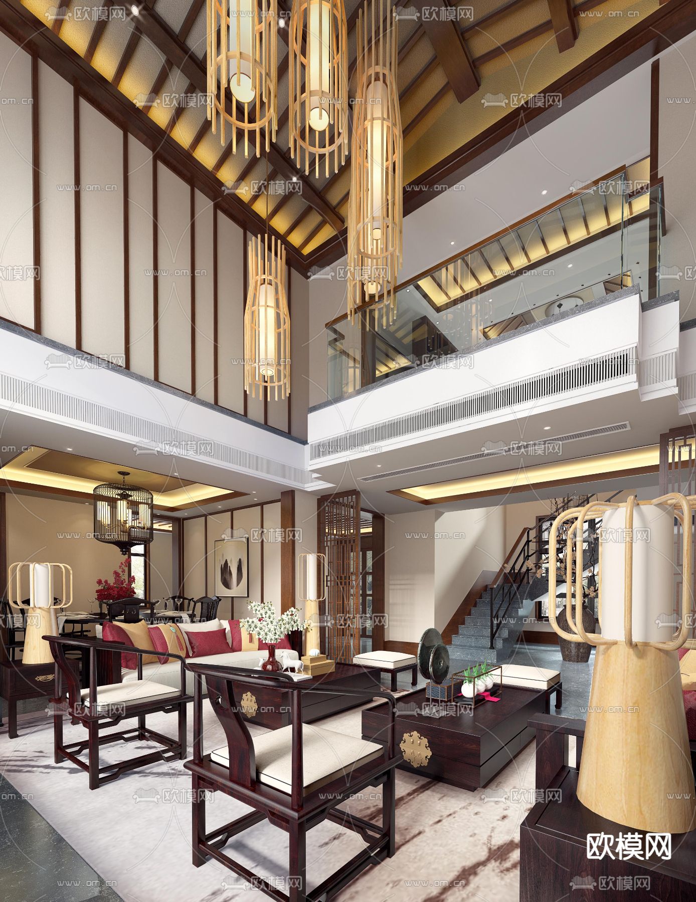 黄志达新中式别墅客厅su模型下载