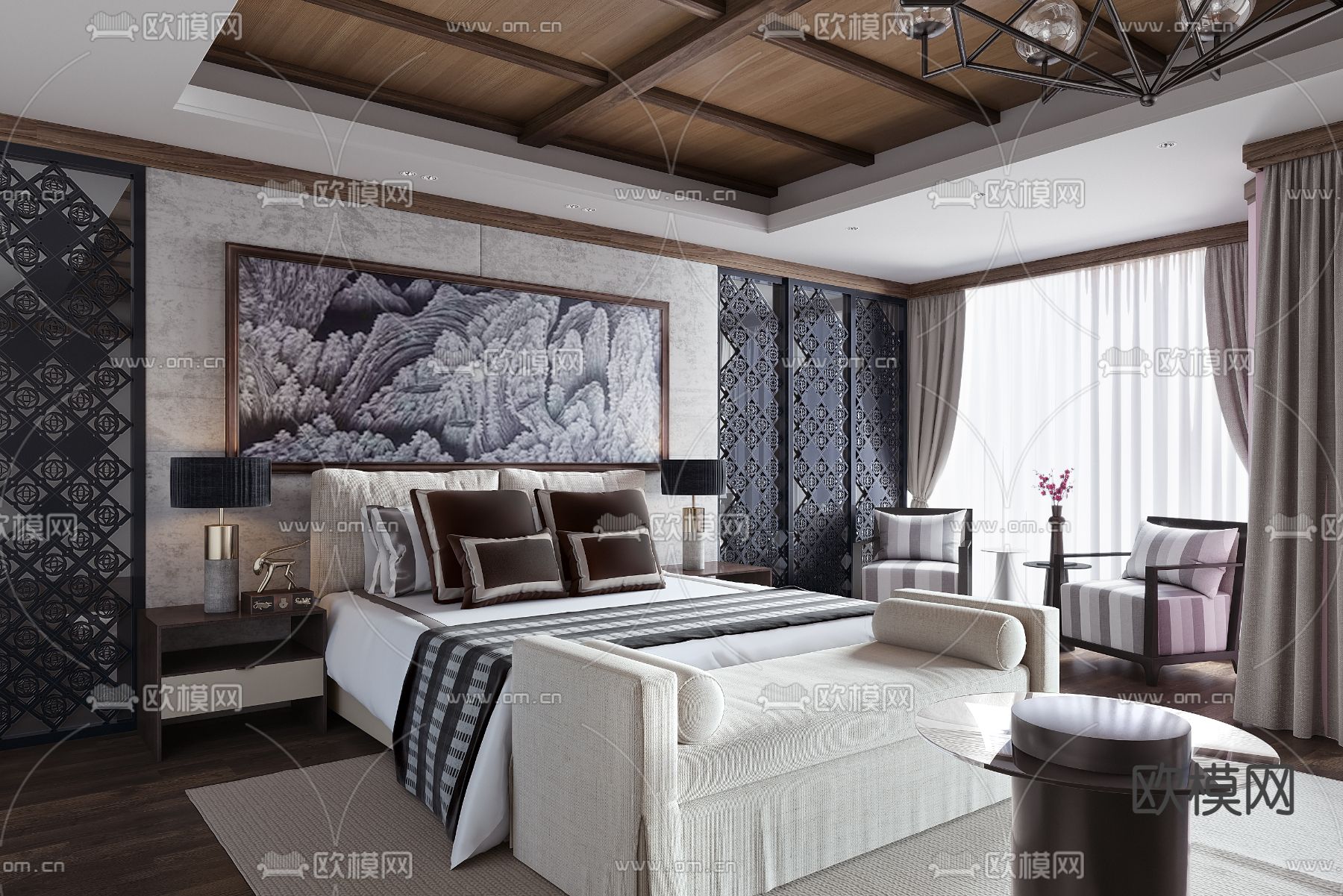 郑树芬中式卧室主人房SU模型下载