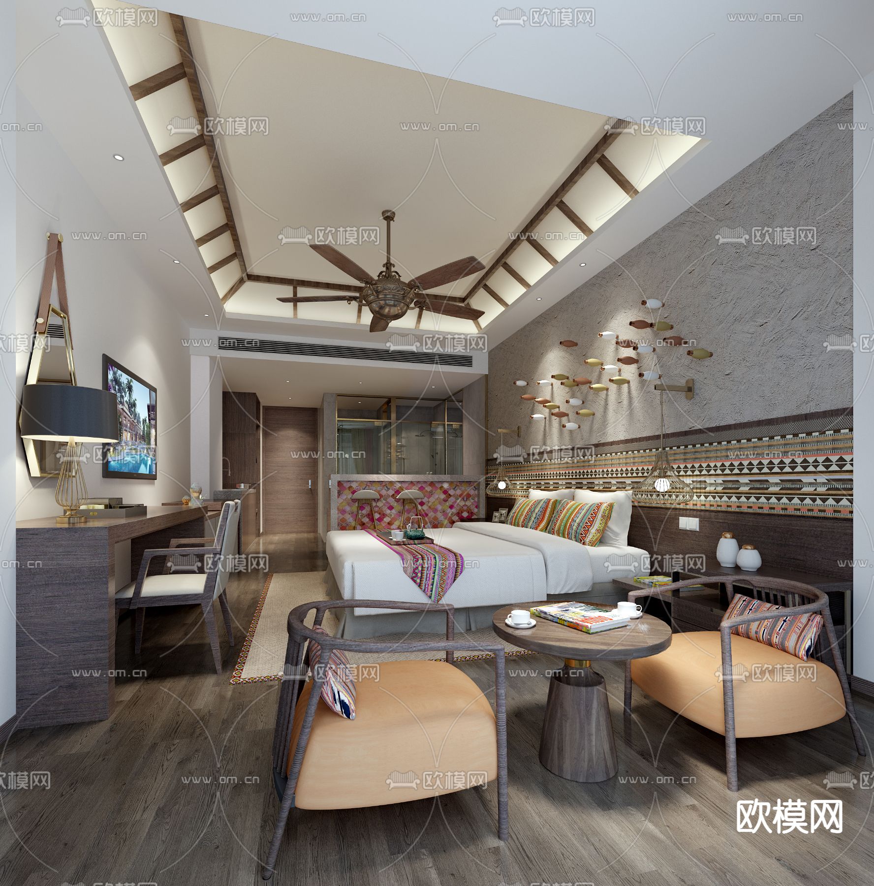东南亚酒店客房su模型下载（渲染图1）