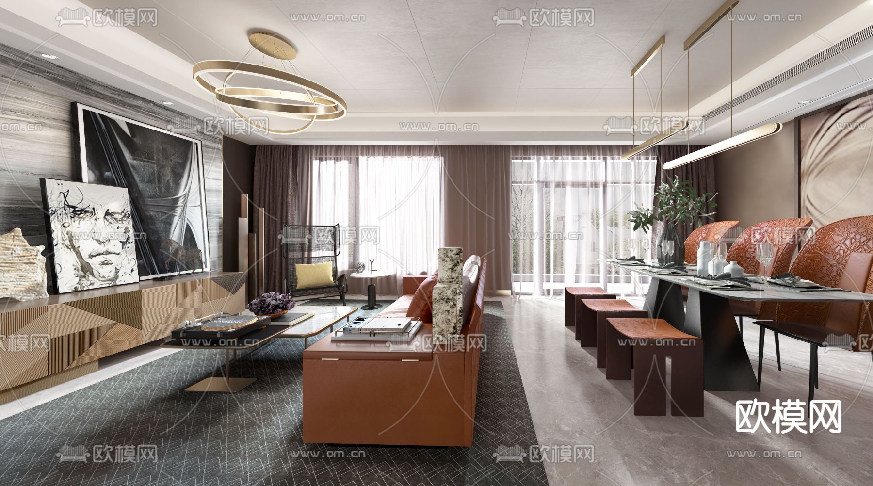 大仓设计-后现代客厅餐厅SU模型下载