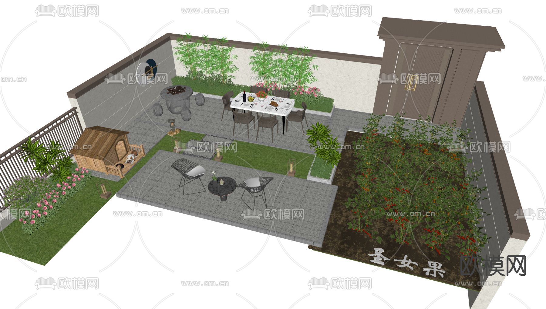 新中式庭院景观su模型下载（渲染图2）