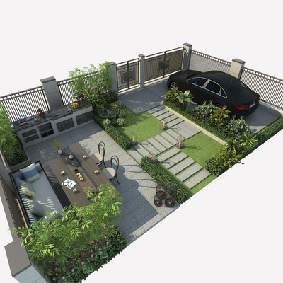  新中式庭院景观 别墅景观su模型 