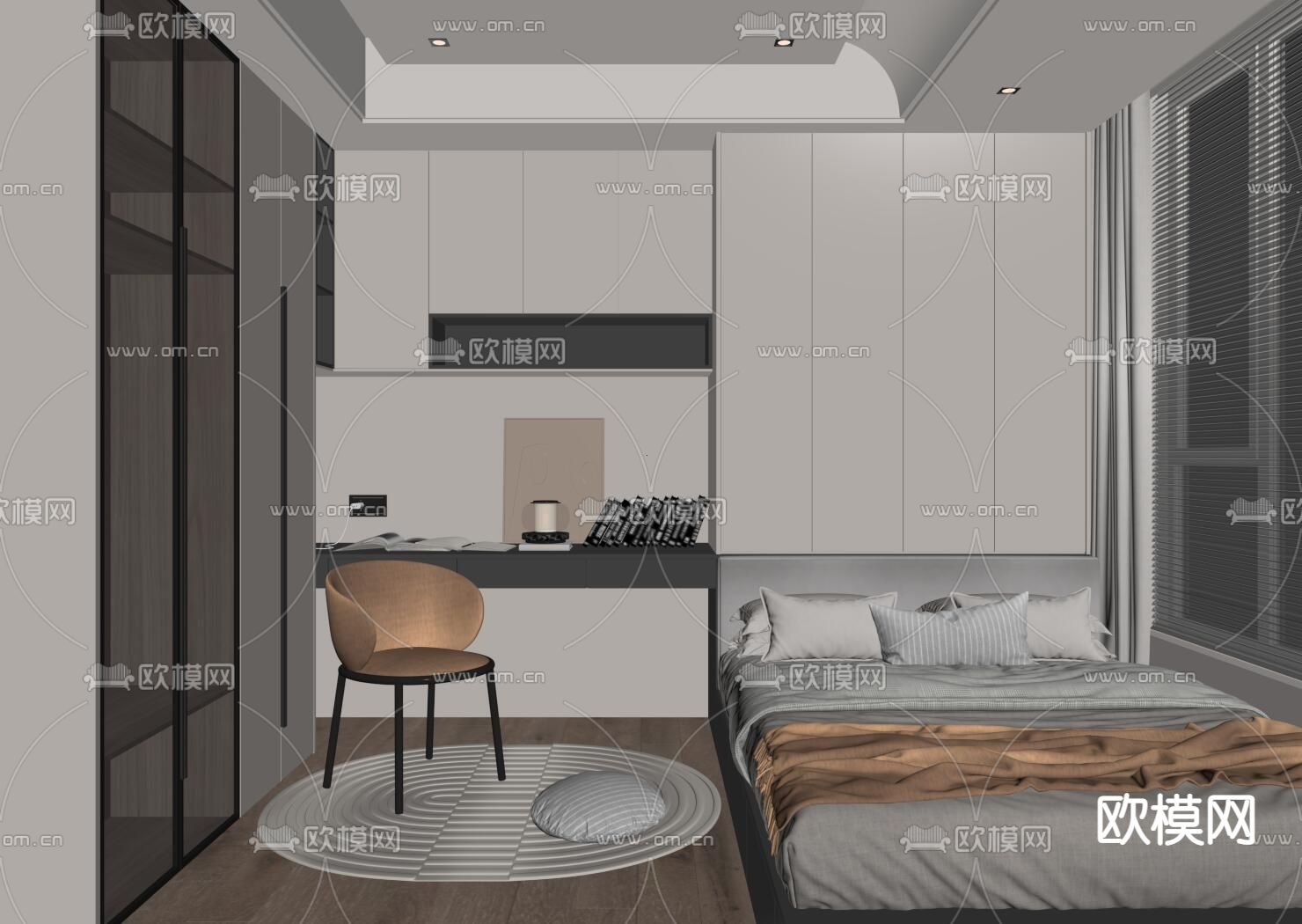 奶油风榻榻米卧室su模型下载（渲染图2）