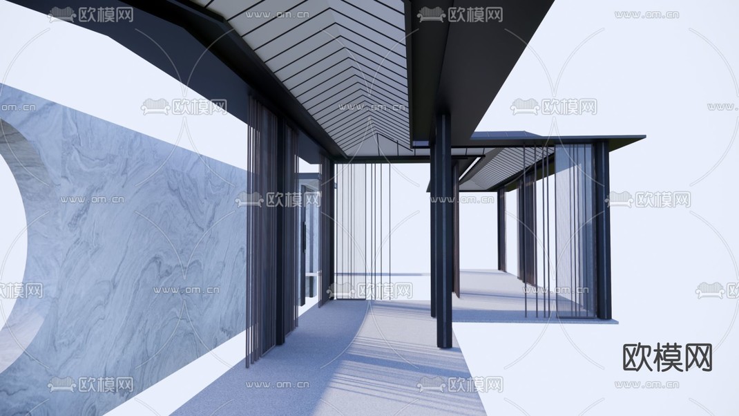 新中式连廊小品 长廊 走廊su模型下载_ID12298606_sketchup模型下载-欧模网