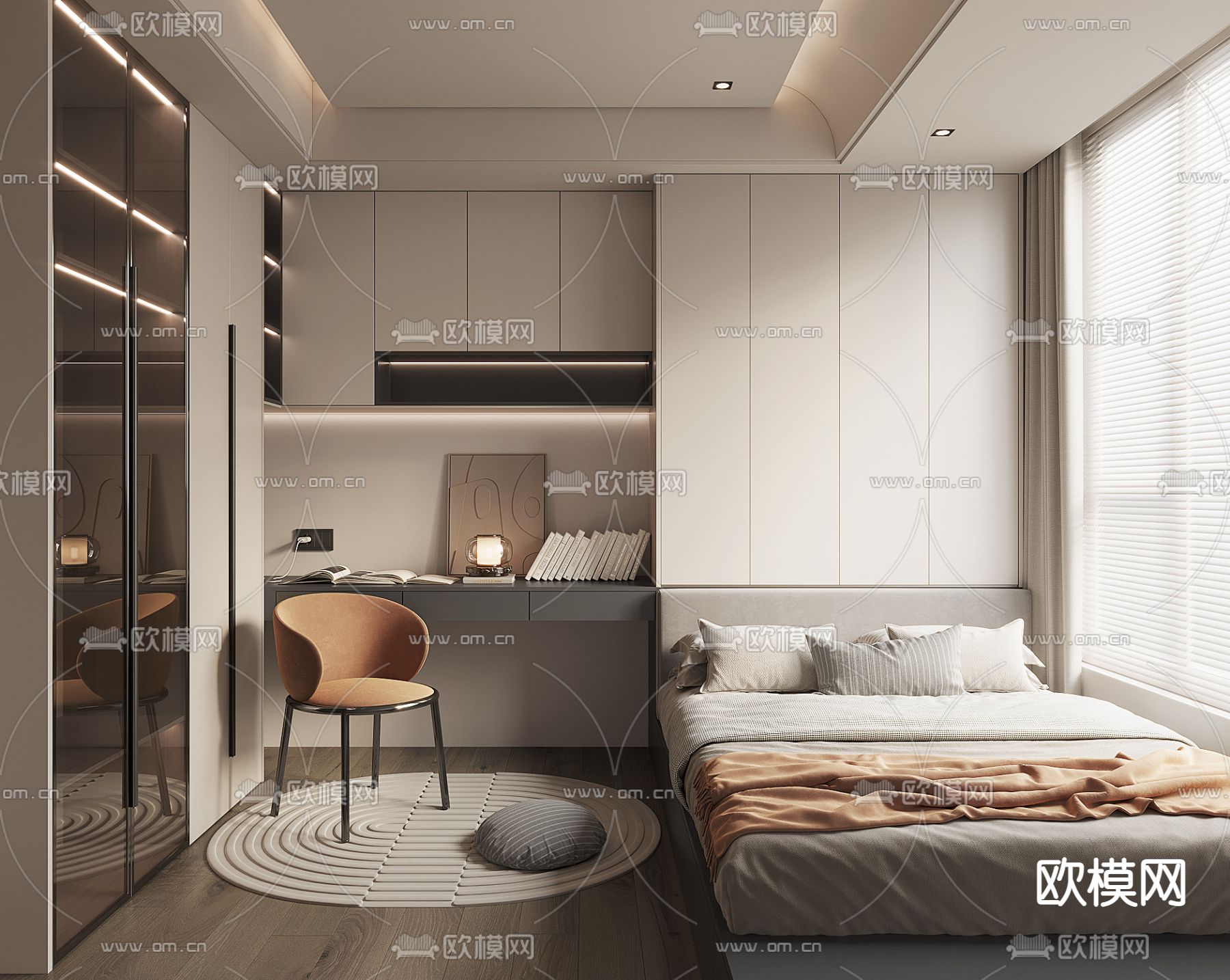 奶油风榻榻米卧室su模型下载（渲染图1）