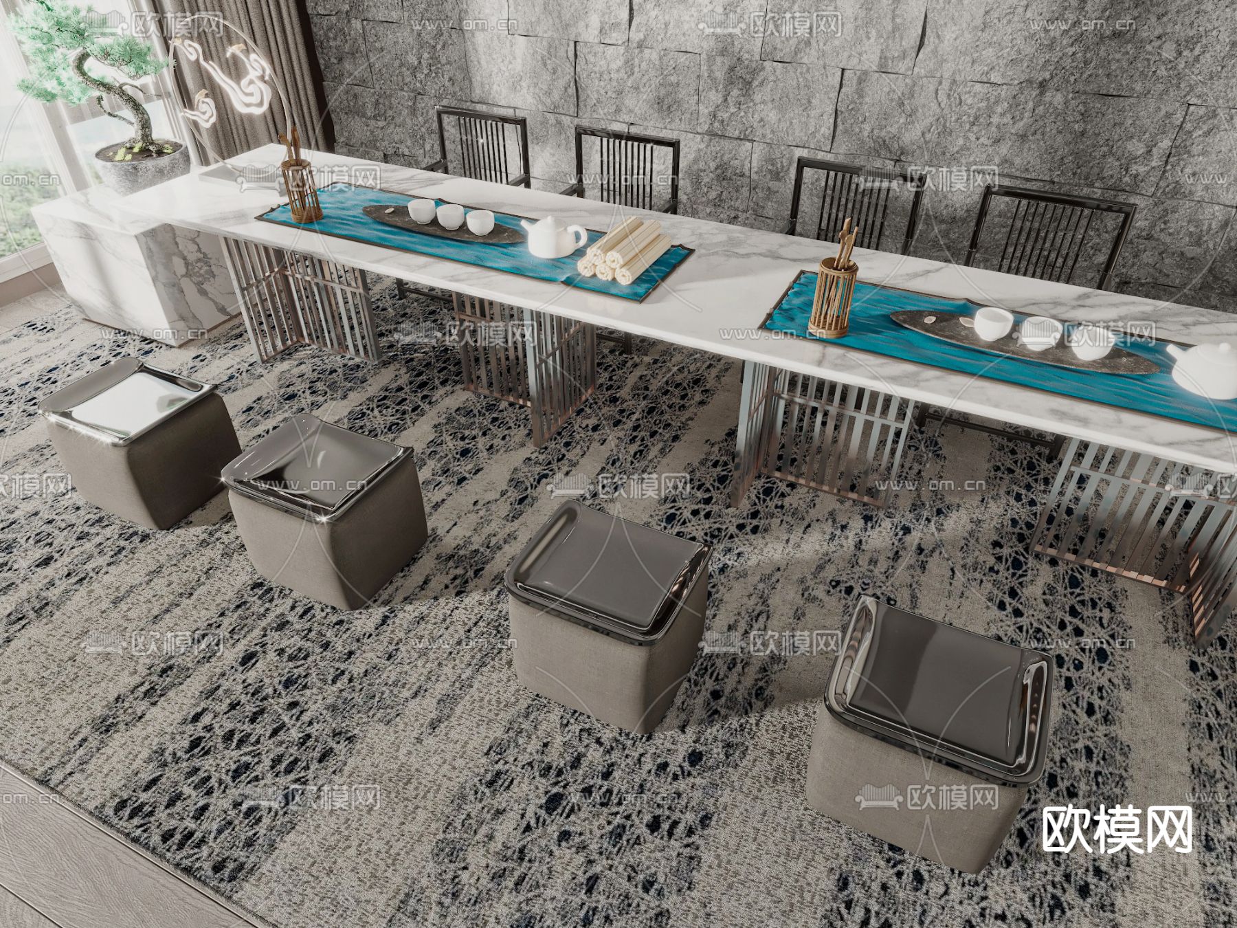 新中式茶桌椅3d模型下载