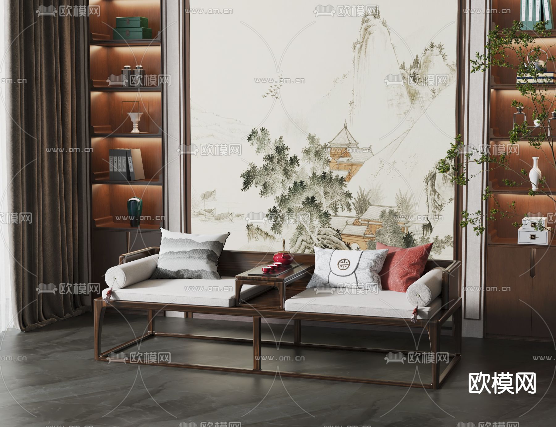 新中式罗汉床 双人沙发3d模型下载