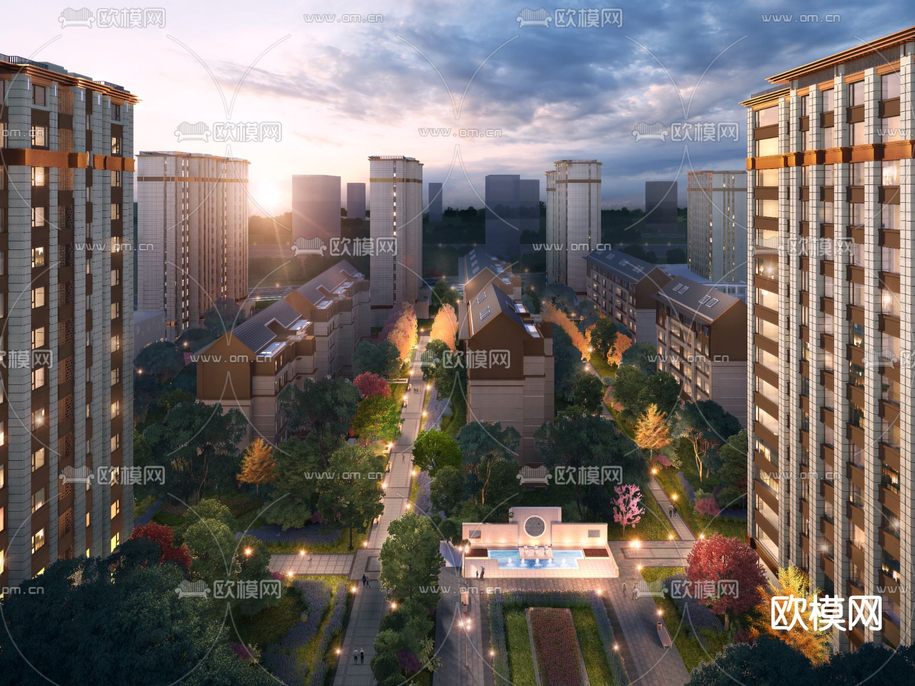 新中式住宅小区鸟瞰su模型下载（渲染图1）