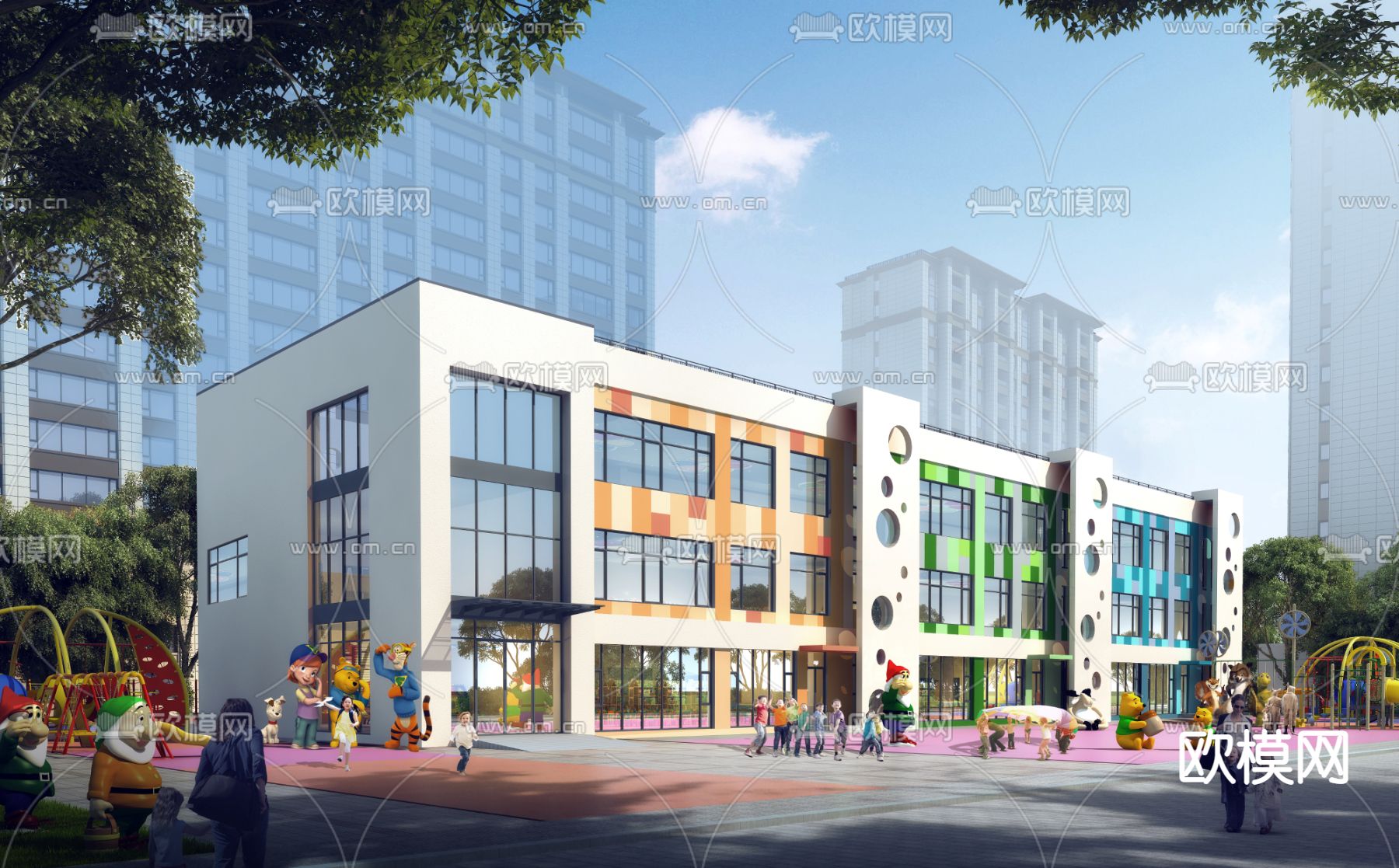 新中式住宅小区鸟瞰su模型下载（渲染图4）