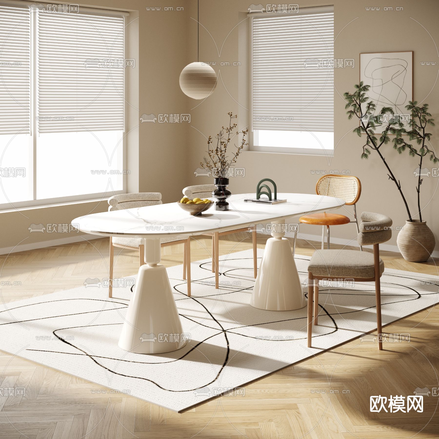 奶油风餐桌椅3d模型下载